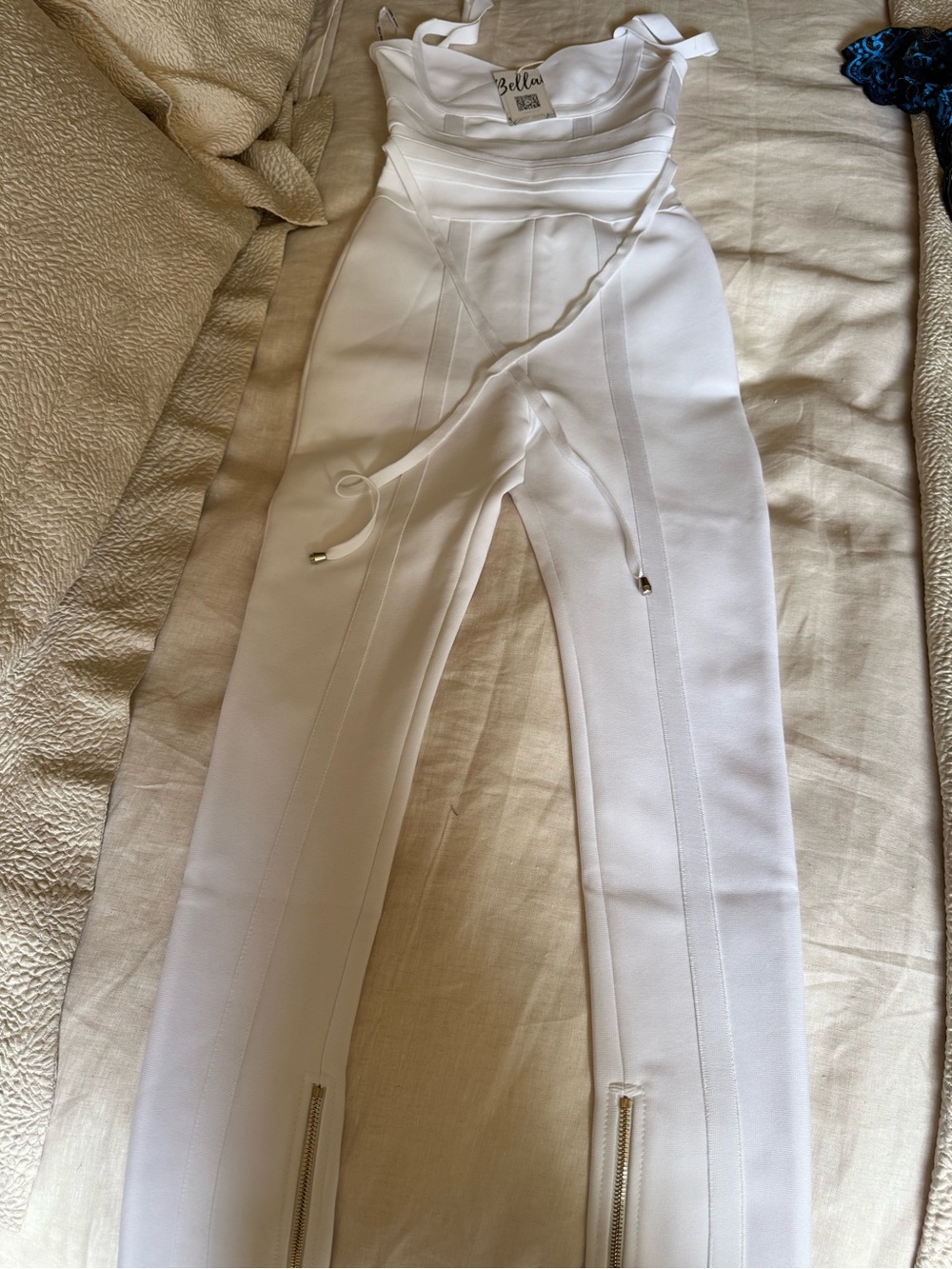 Bella White Skinny Jumpsuit Pants with Drawstring Waist